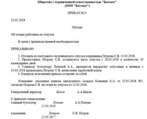 Приказ на отзыв из отпуска директора образец