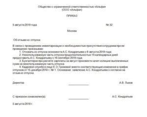 Приказ на отзыв из отпуска директора образец
